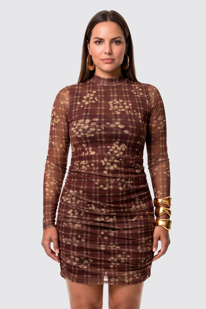Vestido Curto Drapeado Com Manga Longa
