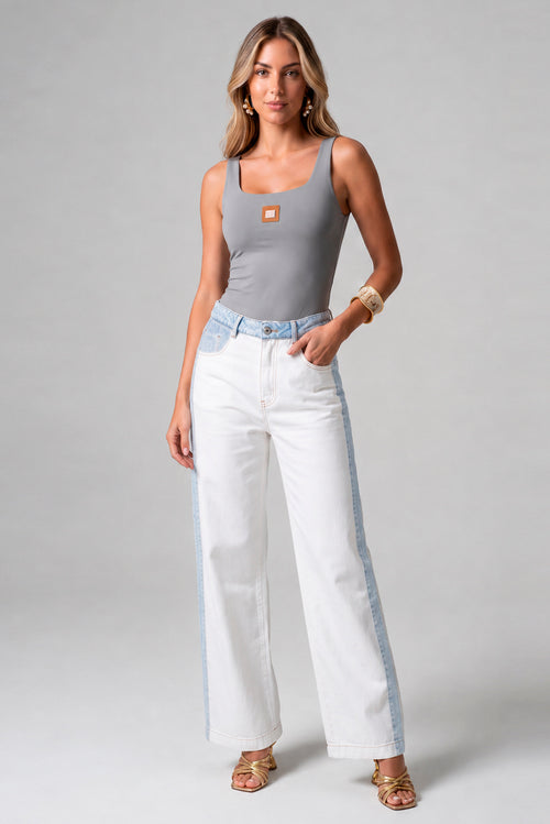 Calca Wide Leg Com Bloco De Tecidos