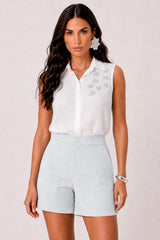 Conjunto Camisaria C Folhas Aplicadas E Bermudao